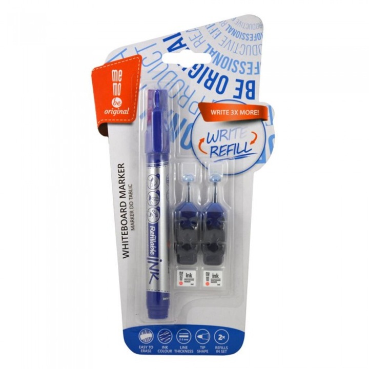 Маркер за бяла дъска Memobe, за многократно пълнене, с 2 пълнителя, 120 x 225 x 23 mm, син