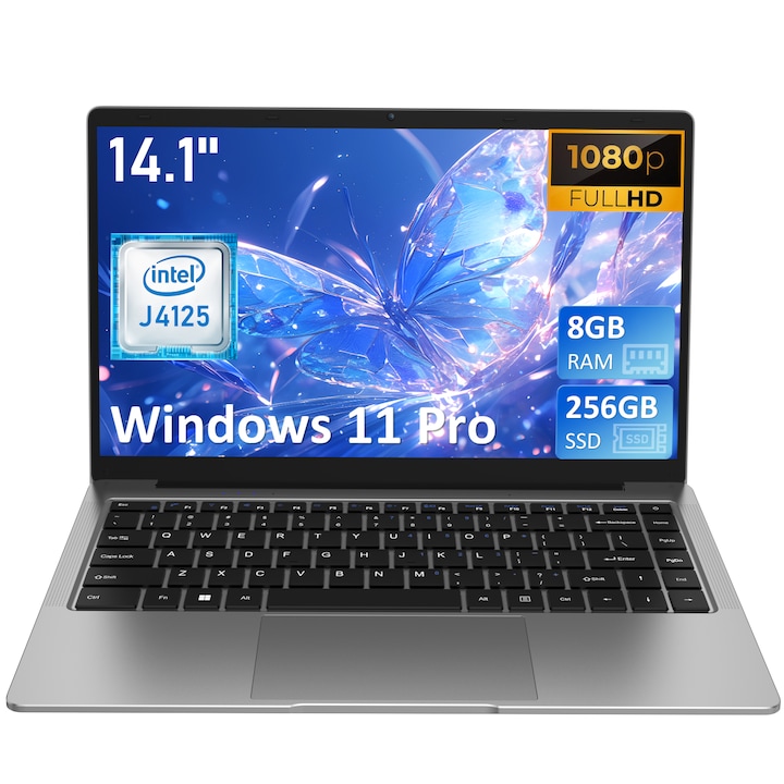 Laptop Auusda Intel Celeron J4125 pana la 2.7 GHz, 14.1" FHD, 8GB RAM, SSD 256GB,, Windows 11 Pro Intel UHD Graphics 600 Home, Wifi+Bluetooth, Argintiu