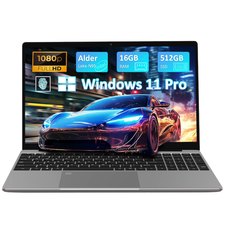 Laptop Auusda, procesor Centrino N95, 16GB RAM, SSD 512GB, ecran IPS 15.6" FHD, tastatura iluminata, Windows 11 Pro, Intel UHD Graphics, Argint