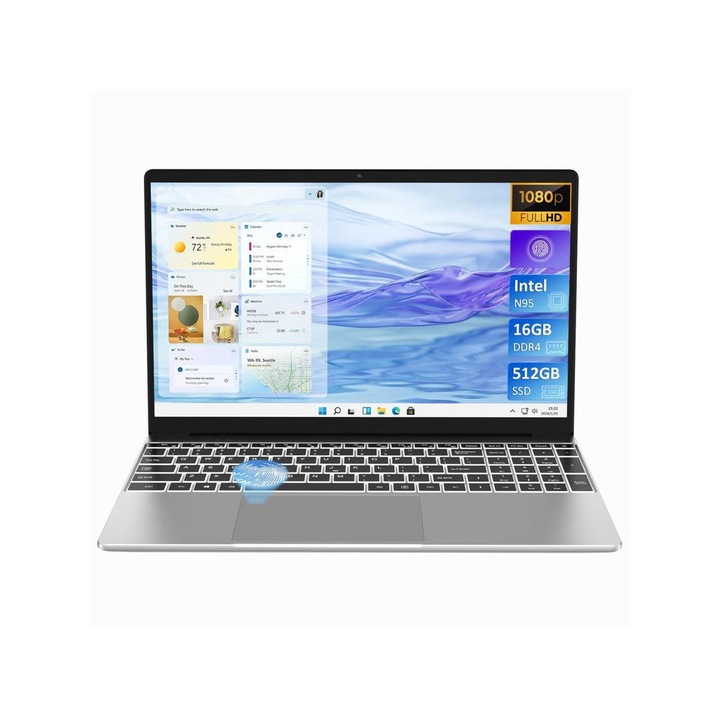 Auusda F152N95-16GB Laptop, Intel N95 processzor 4 magos akár 3.4 GHz, 16 GB RAM, 512 GB SSD, 15,6" Full HD IPS képernyő, megvilágított billentyűzet, Intel UHD Graphics, Windows 11 Pro, Ezüst