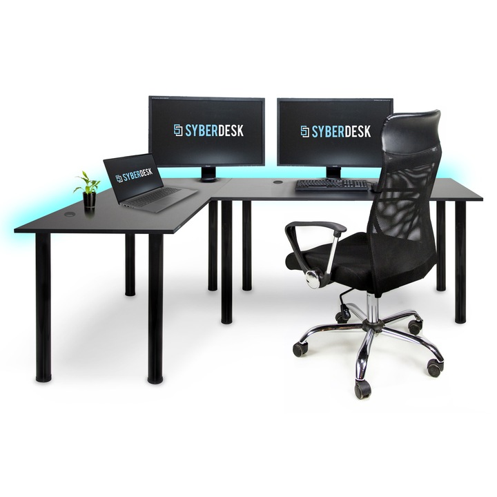 Birou gaming, banda LED cu telecomanda, picioare reglabile, pe colt, USB HUB 197*132*65