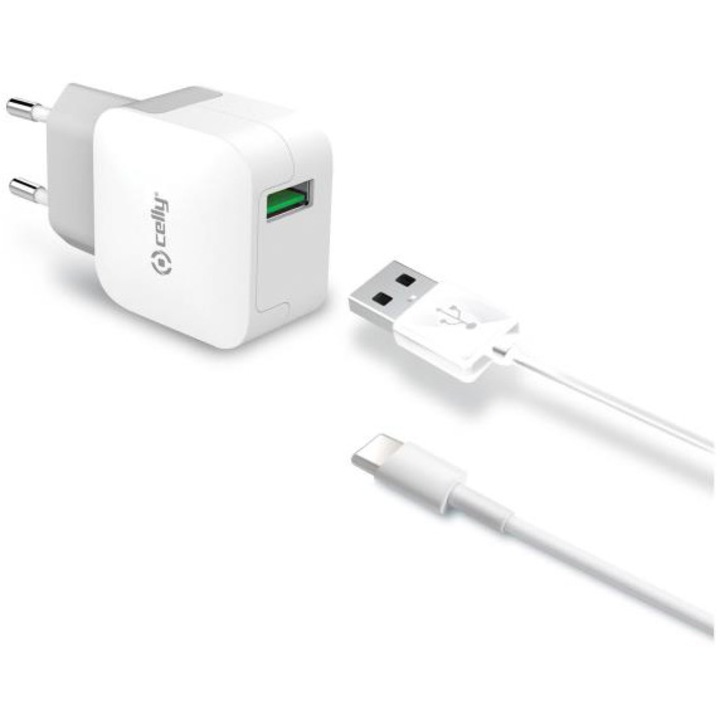 Incarcator retea Celly, USB-A, Fast Charge 12W, cu Cablu TypeC 1m, Alb