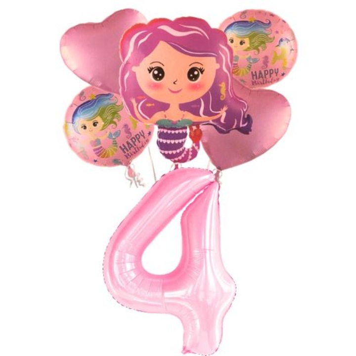 Set 6 baloane aniversare 4 ani, folie figurina Sirena, 2 rotunde Happy Birthday, 2 inimi roz si cifra 4 roz 100cm