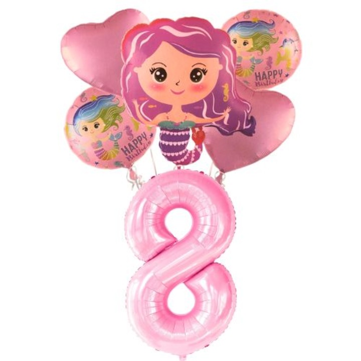 Set 6 baloane aniversare 8 ani, folie figurina Sirena, 2 rotunde Happy Birthday, 2 inimi roz si cifra 8 roz 100cm