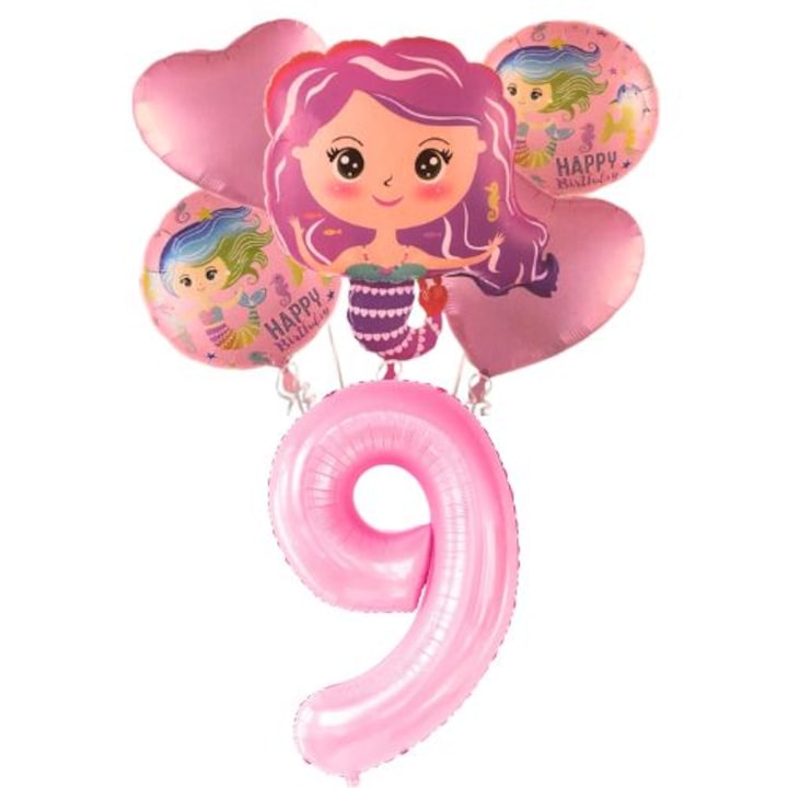 Set 6 baloane aniversare 9 ani, folie figurina Sirena, 2 rotunde Happy Birthday, 2 inimi roz si cifra 9 roz 100cm