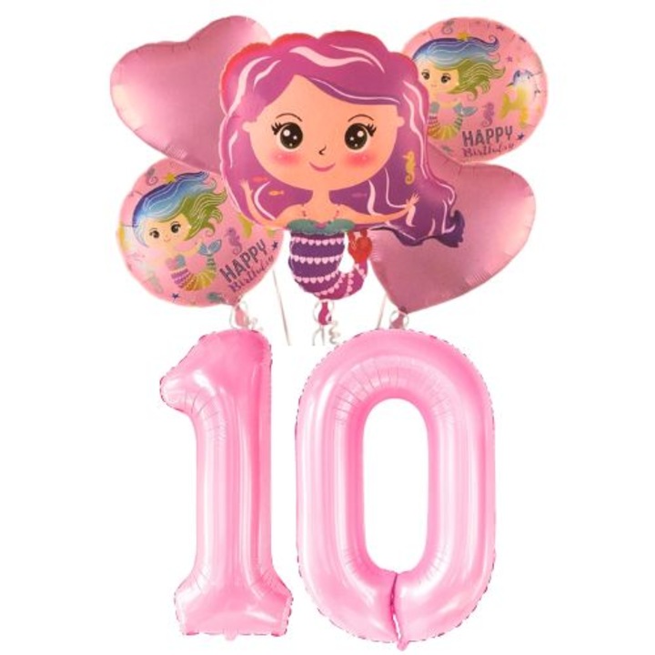 Set 7 baloane aniversare 10 ani, folie figurina Sirena, 2 rotunde Happy Birthday, 2 inimi roz si cifre roz 100cm