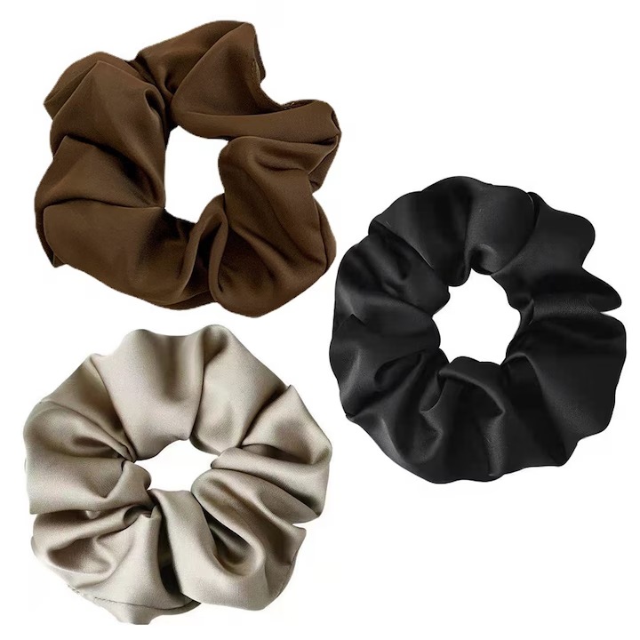 Set 3 elastice pentru par din Satin, Negru, Maro si Mocha, Diametru 13cm