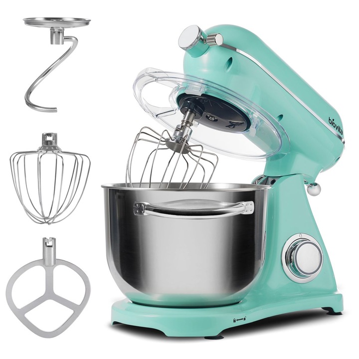 Mixer cu bol, 6L, Motor cu inductie, Carcasa Aluminiu, 3 Accesorii Inox, 1000W, Biovita MB-1800-LUX, Turcoaz