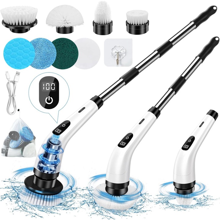 Perie electrica fara fir, cu doua viteze reglabile, maner lung, 8 capete de perie inlocuibile, autonomie de 90 de minute, ideala pentru curatarea podelelor, gresiei, bucatariei, toaletei si spalarea masinii