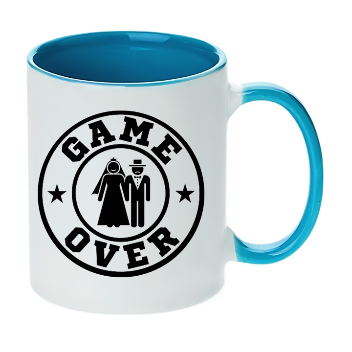 Cana personalizata - Game over, petrecerea burlacilor, v2 mire, albastru interior, 330 ml