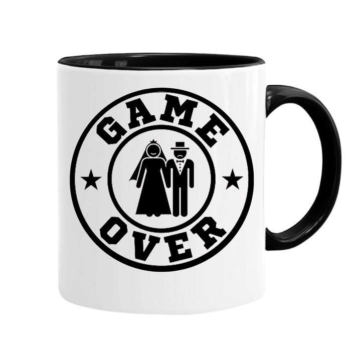 Cana personalizata - Game over, petrecerea burlacilor, v2 mire, negru interior, 330 ml