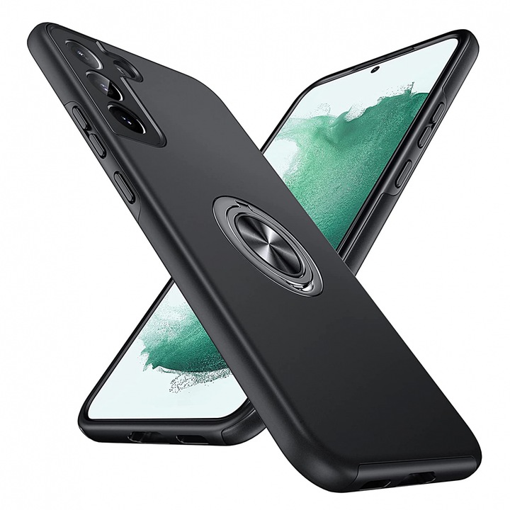 Husa de protectie pentru Samsung Galaxy S22 Plus, Hybrid Antisoc, Kickstand, Bumper inel rotativ 360, Negru