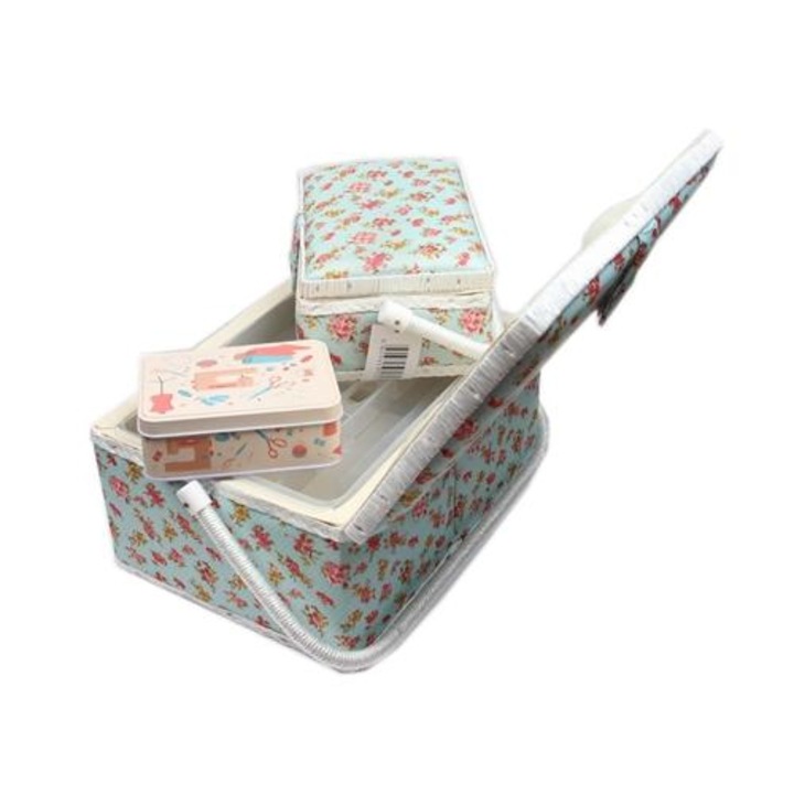 Set cutii pentru organizarea pieselor de cusut bleu si roz cu model floral (1x mare si 1x medie) si cutie de accesorii (cu accesorii incluse)