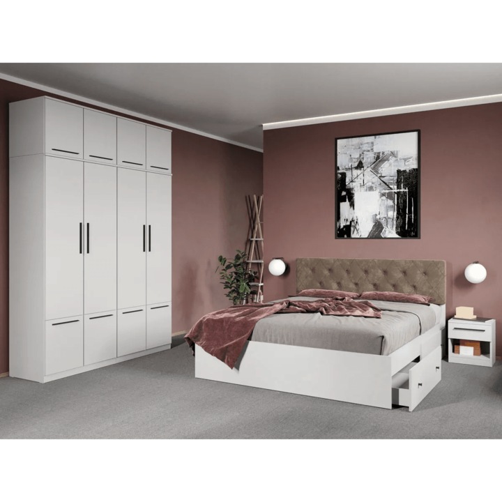 Set dormitor, Alb, Madrid, C45, Dulap, Pat 160x200, Noptiere