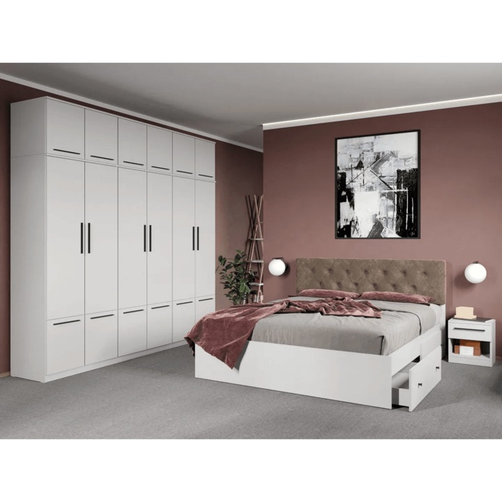 Set dormitor, Alb, Madrid, C61, Dulap 6u, Pat 160x200, Noptiere