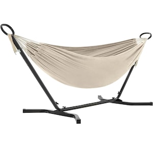 Hamac cu cadru metalic SONGMICS, reglabil la 5 inaltimi, maxim 240 kg, 300x90x95cm, bej