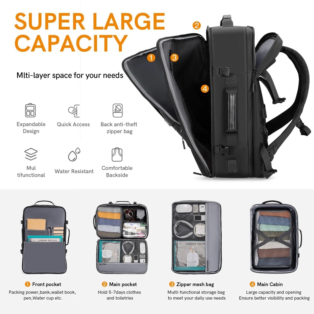 Rucsac laptop 17", pentru calatorii, expandabil pana la 42 L, cu port de incarcare USB, VGOAL, 33x24/29x52 cm, Negru