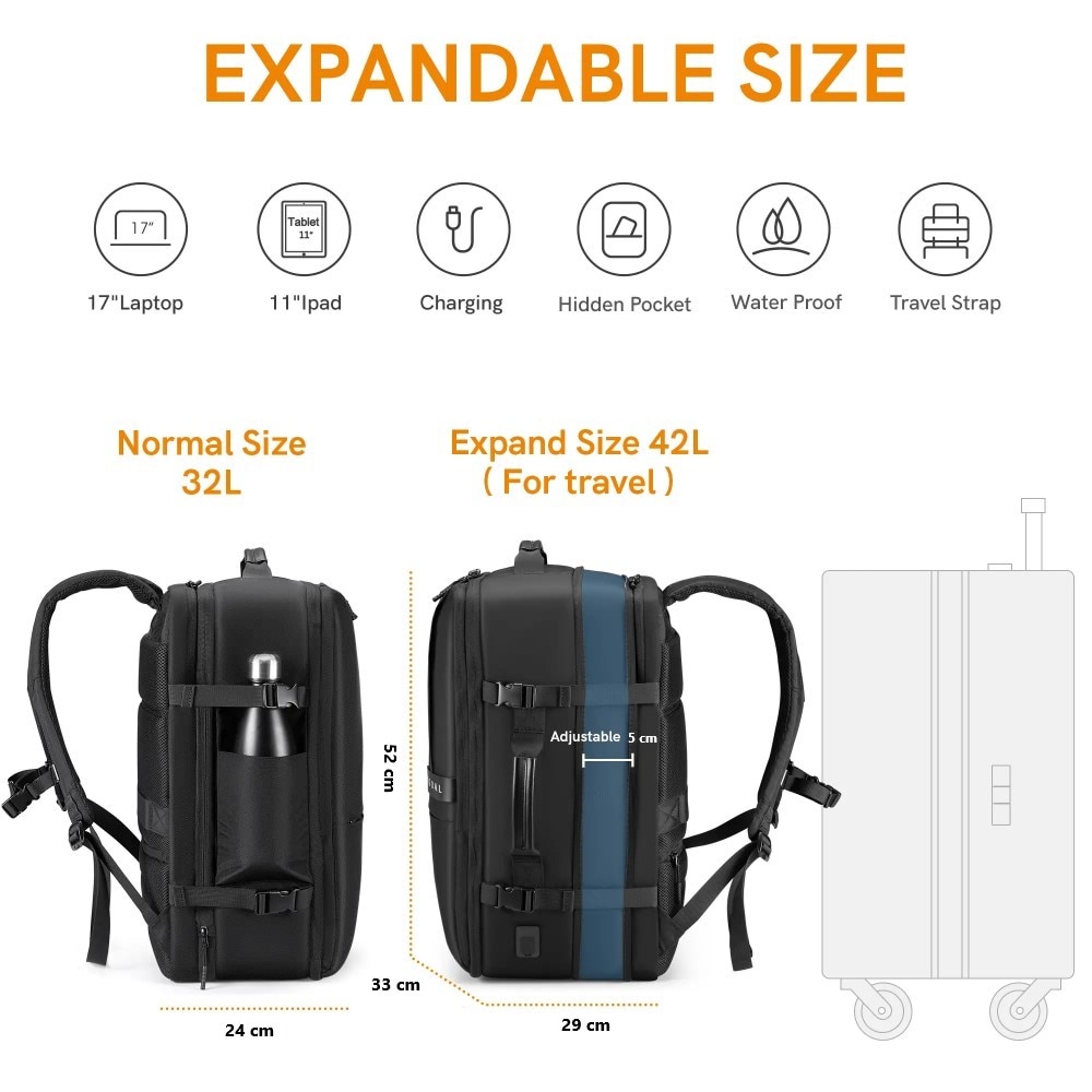 Rucsac laptop 17", pentru calatorii, expandabil pana la 42 L, cu port de incarcare USB, VGOAL, 33x24/29x52 cm, Negru