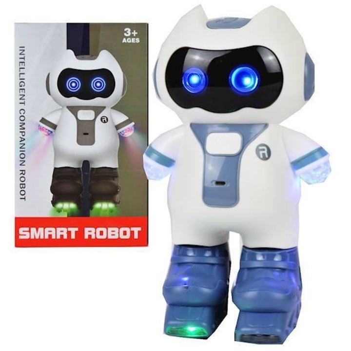 Robot interactiv MAKSIK, canta in engleza, cu lumini LED, alb cu albastru, 11.5x18.5cm