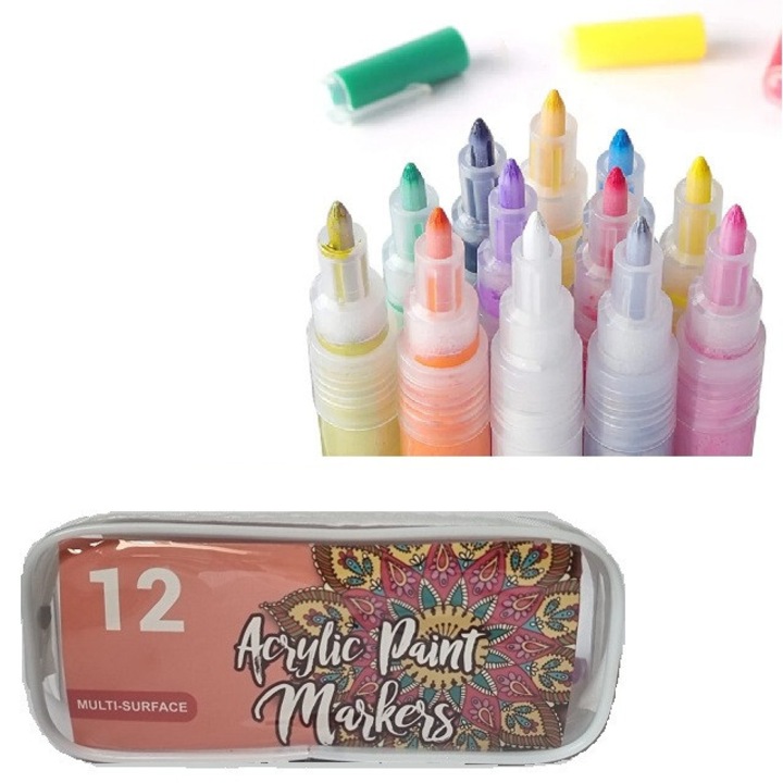 Set Alcatuit Din 12 Carioci Acrilice Pe Baza De Apa, penar transparent inclus, Uscare Rapida, Non-Toxic, Rezistente La Apa, Multi-Suprafete (Sticla, Lemn, Ceramica, Metal, Hartie, Plastic, Textile), Design Modern si Atractiv, Multicolor, SIPEDO