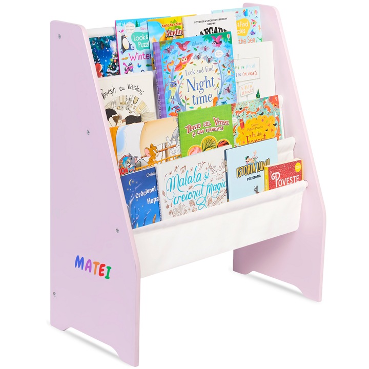 Raft de Carti pentru Copii Suporto, Organizator cu etajere din textil, pentru depozitare jucarii, caiete si reviste. Mobilier din Lemn MDF, 71.5 x 62 x 30 cm, Roz