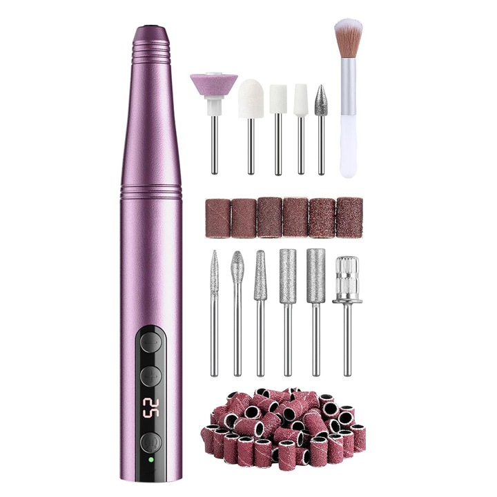 Freza Unghii Profesionala Elindor® Manichiura / Pedichiura / Cuticule, Pila Electrica Wireless, Set 11 Capete / Bituri, Reincarcabila, 25.000 RPM, Aparat cu 25 Trepte de Viteza, Comutator de Directie, Design Ergonomic, Mov