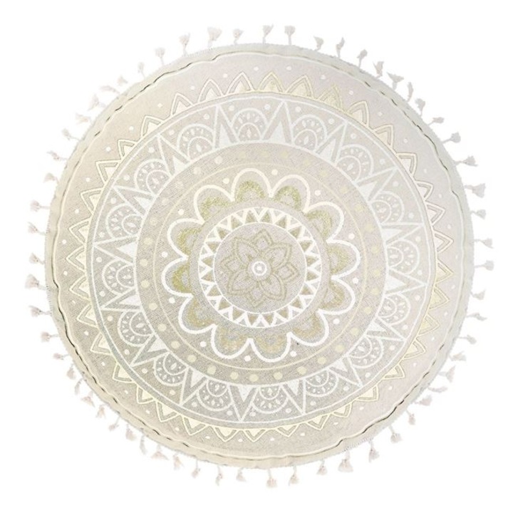 Декоративна възглавница, Бежова, кръгла, лятна, със златисто фолио мандала бежови ресни