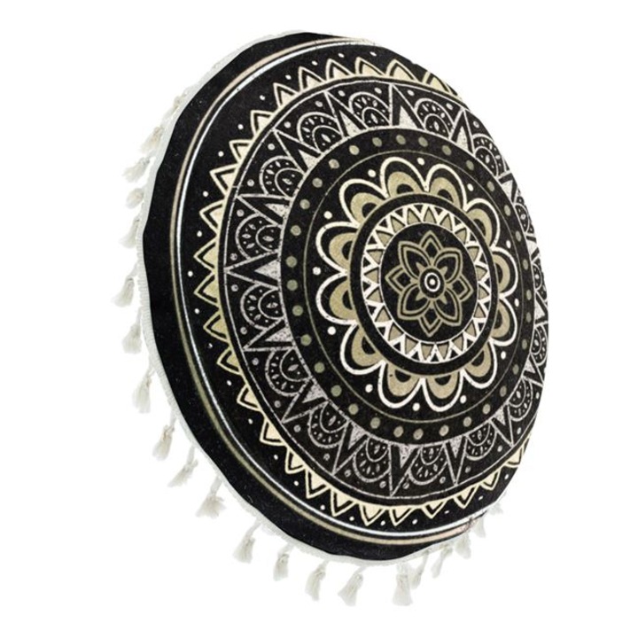 Черна лятна декоративна възглавница Златно фолио Мандала с бежови ресни