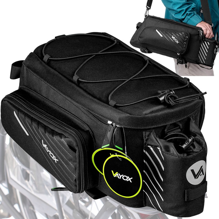 Geanta de bicicleta, pentru suportul de bagaje Vayox VA0171, 12L, 3 optiuni de transport, fund intarit, Negru