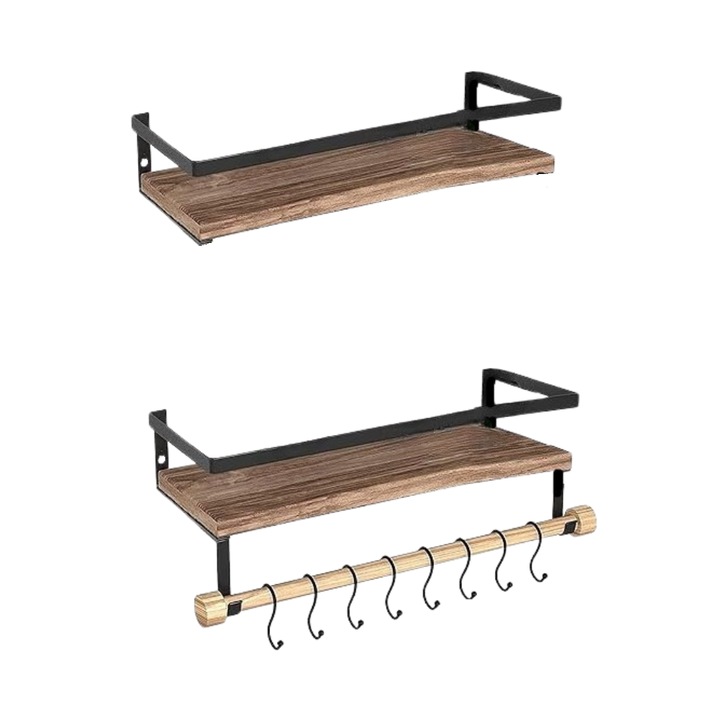 Set de 2 rafturi de perete, QILICZ, cu bara pentru prosop si carlige, din lemn, 42 cm, Maro