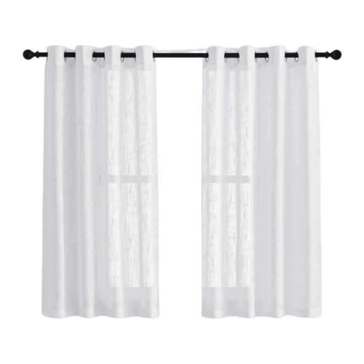 Set de 2 perdele Pony Dance, alb, 137 x 132 cm, cu textura de in, moderna, semi-transparenta, cu inele