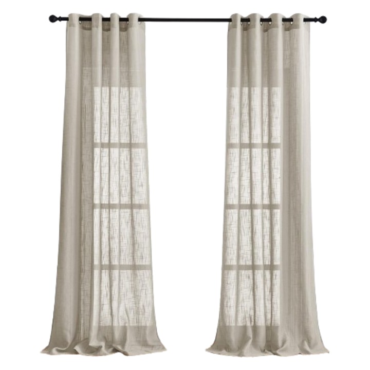 Set de 2 perdele Pony Dance, bej, 250 x 140, cu textura de in, moderna, semi-transparenta, cu inele