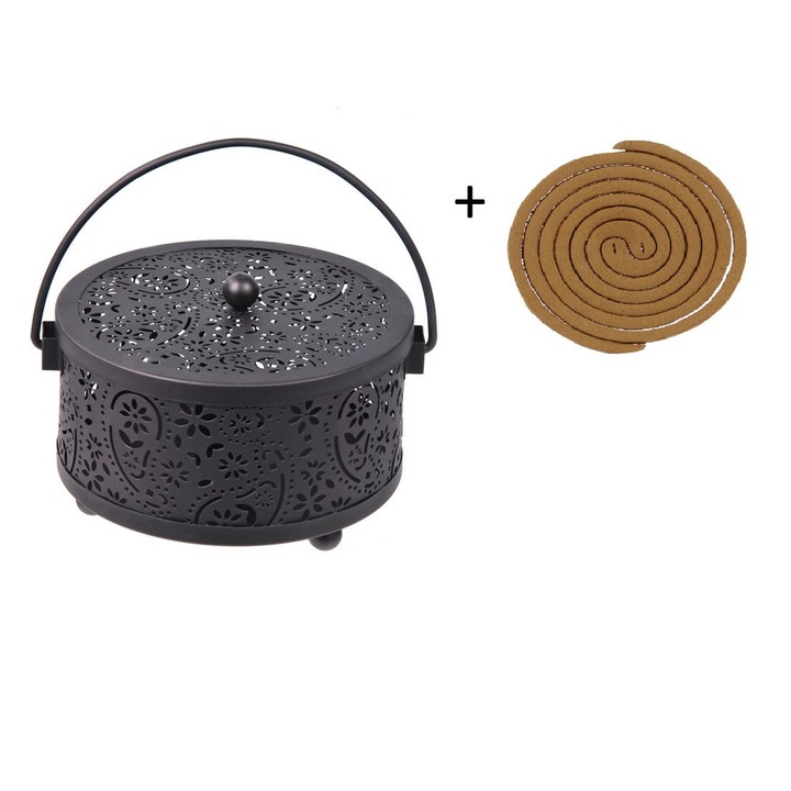 Fém tartó szúnyog elleni spirálokhoz mellékelt spirálokkal, VENITIVO, hamutartóval, könnyen tisztítható, sötét bronz, perforált modell, Átmérő x Magasság 15 x 10 cm