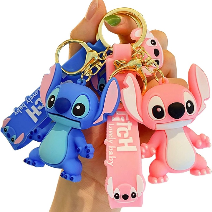 Set 2 Brelocuri Fashion, Madette Line, Stitch Figure, Durabil Si Elegant, Pentru Chei, Charm Pentru Genti Si Ghiozdane, Roz Si Albastru