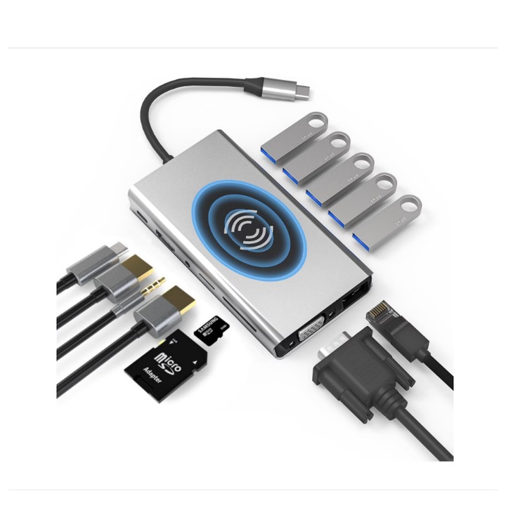 Адаптер 14 в 1, ANUTETOUNI®, Безжично зареждане, 1x 1000Mbps Gigabit Ethernet порт, 1x VGA порт, 5 x USB3.0, 1x USB-C порт за данни, USB тип C връзка за лаптоп или компютър, 2x 4k HDMI, 1 x SD Слот за карта, 1x TF карта, 1 x 3,5 mm аудио, Space Gray