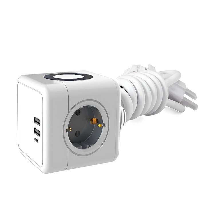 Контакт с безжично зареждане KRASSUS, Куб, 15W, 250V, 16A, 3680W, 3 стандартни контакта SCHUKO, 2 x USB A, 1 x USB C, защита от деца, 1.5m, бял