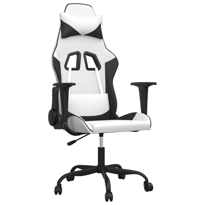 Scaun de gaming de masaj vidaXL, alb si negru, piele ecologica, 14.85 kg