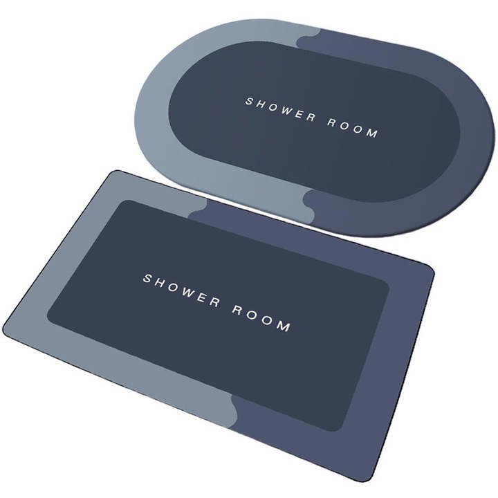 Covoras de Baie Antiderapant Hokretme, doua piese, Uscare Rapida, Model „Shower Room”, Oval/Dreptunghiular, 40 x 60cm, Albastru