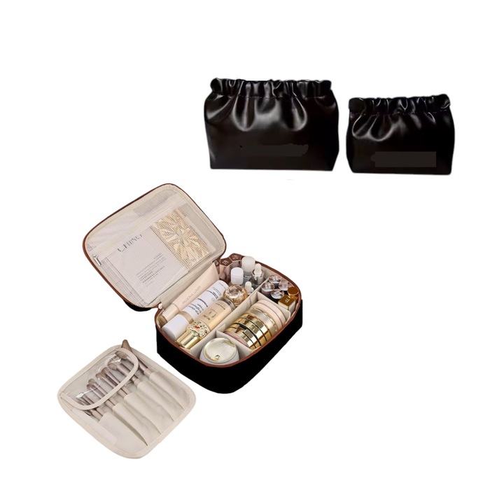 Set cadou pentru doamne KASAY, o geanta pentru depozitare cosmetice, impermeabila de capacitate mare si 2 genti cu inchidere automata pentru pastrare cablu de date, casti, incarcator