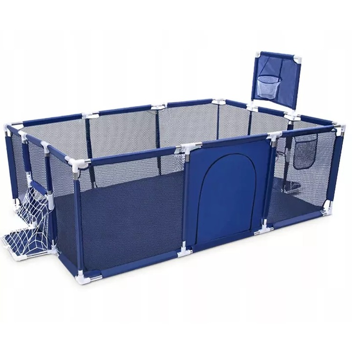 Tarc de joaca pentru copii, NiceKids, pliabil, intrare laterala cu fermoar, Cos de baschet si poarta incorporate, dimensiune 235 x 129 cm, Bleumarin