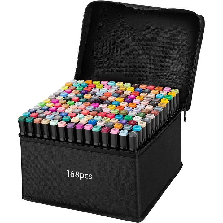 Set 168 de Carioci Profesionale pe baza de alcool, Vision XXI, cap dublu, penar inclus, Multicolor