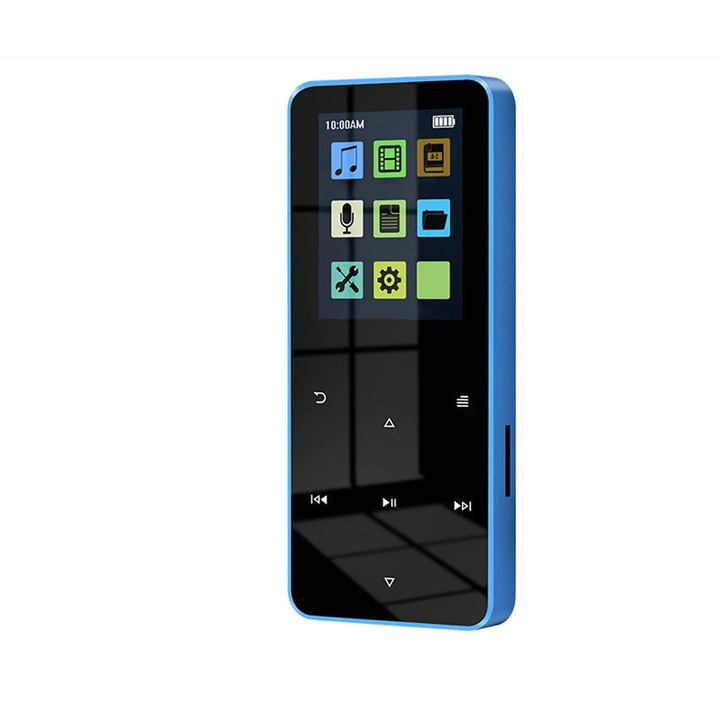 Music player, display, sensibil la atingere, difuzor incorporat, calitate HD sunet, echipat cu card de memorie de 64 GB, conexiune multifunctionala, subtire si portabila, albastru