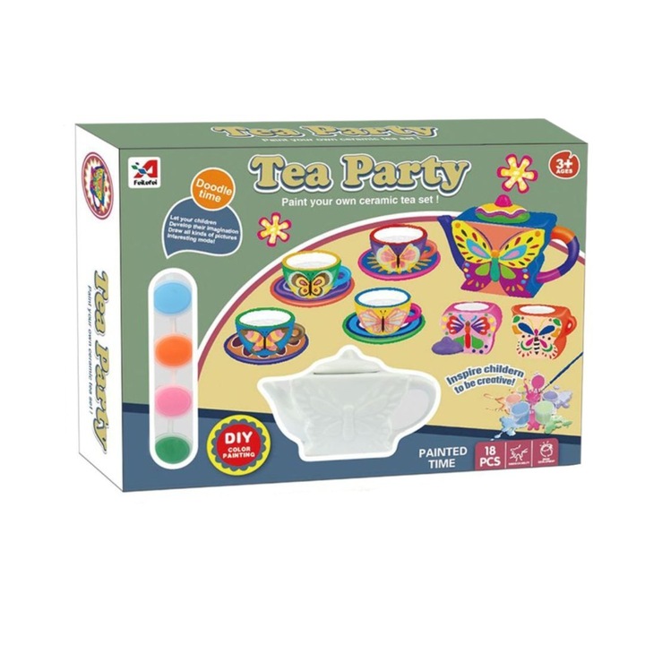 Set de pictura cani ceai, Import ProNice, 4 cani/farfurii/accesorii, multicolor, 28x5.5x20.5cm