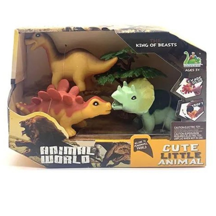 Комплект от 3 фигурки на динозаври, Import ProNice, 3 модела, с дърво, многоцветни, 21x14,5x8,5 cm