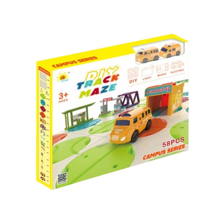 Set de constructie labirint, Import ProNice, Autobuz scolar cu Lumini si sunete, 58 elemente, 41x5.7x36cm