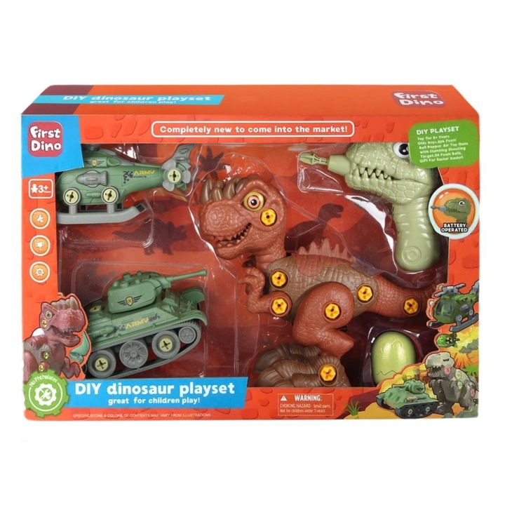 Import ProNice dinoszaurusz készlet, mozgó alkatrészekkel, tankkal és helikopterrel, tarka, 45,5x29,5x10 cm