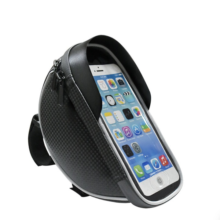 Geanta impermeabila pentru biciclete cu husa pentru telefon, Special MR™, montare pe ghidon, compatibila cu telefoane cu lungimea de pana la 16 cm, banda reflectorizanta pe ambele parti, spatiu de depozitare 20x11x9 cm, negru