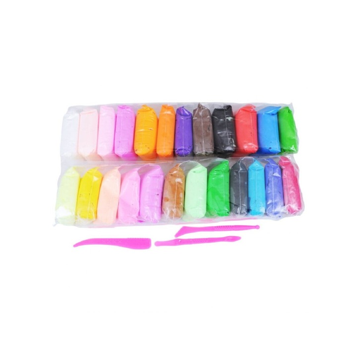 Set 24 pachete de spuma modelaj, PrzydaSie.pl, 24 culori, 3 spatule, nontoxic, 5 x 6 cm, multicolor