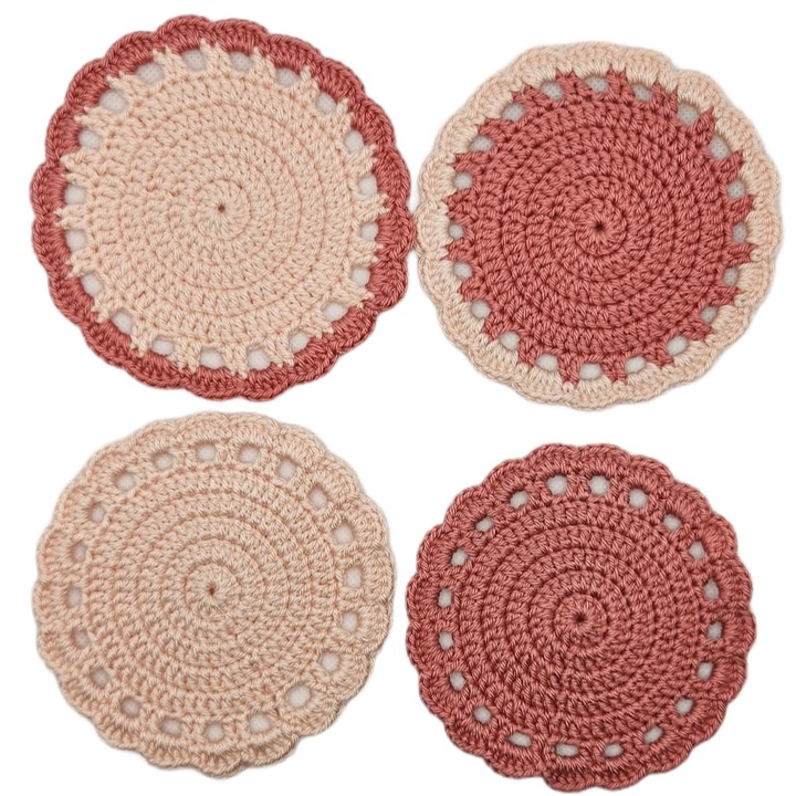 Set 4 suporturi pahare, coaster clasic crosetat manual, roz