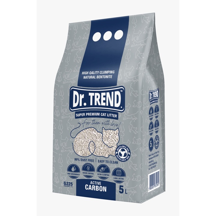 Asternut igienic Super Premium DR.TREND Active Carbon pentru pisici, 5L